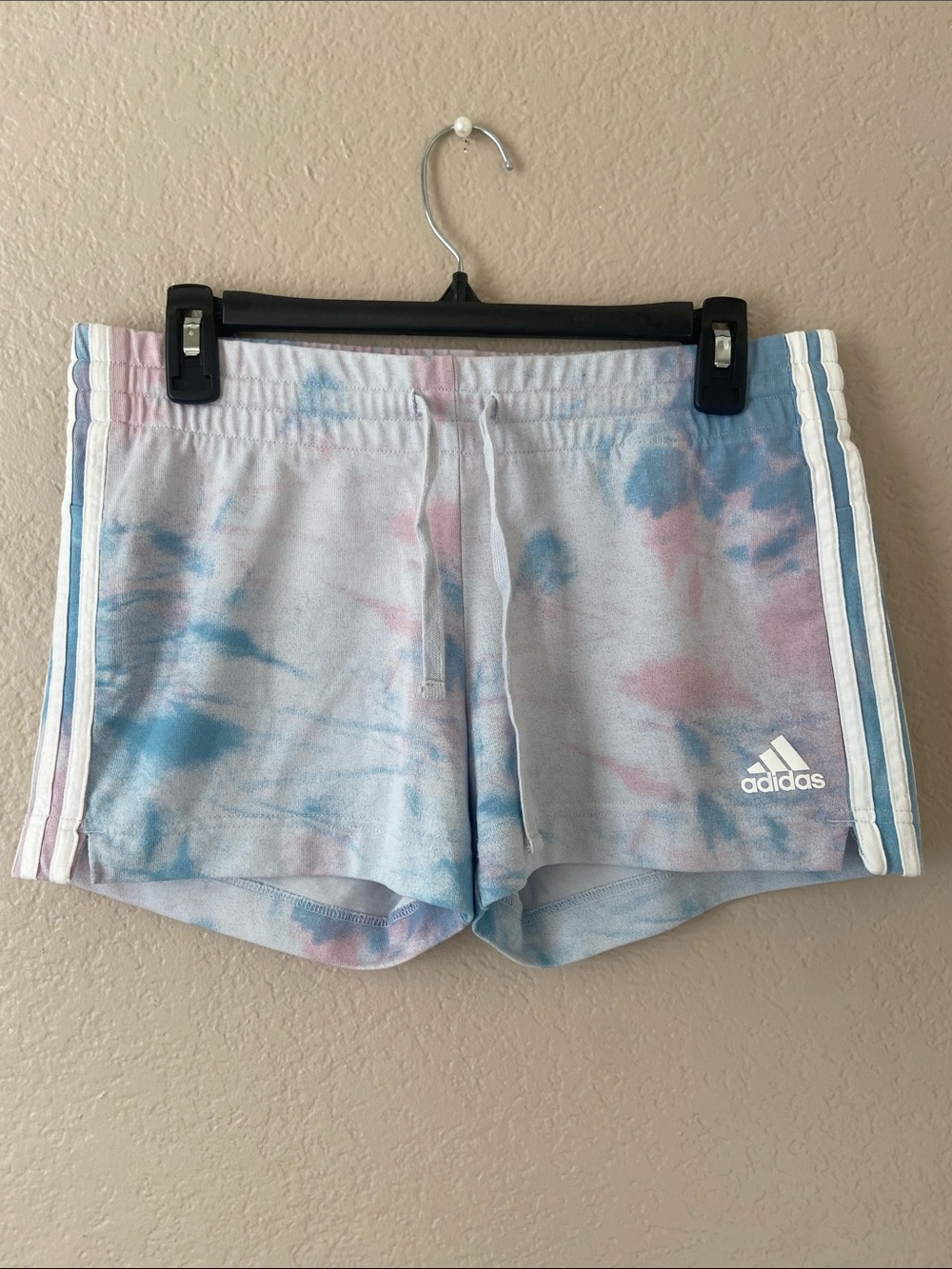 Women’s Pink & Blue tie-dye, mid-rise Adidas shorts, size M
